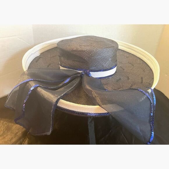 Mr. John Moderne Elegant Navy and White Sequined Trim Bow Women's Hat NWT - Picture 9 of 9